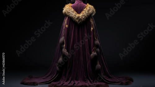 From the back view only a hint of yellow eyes pierces through the darkness of the heavy robe the royal purple hue of the garment highlighted by the luxurious burgundy fur