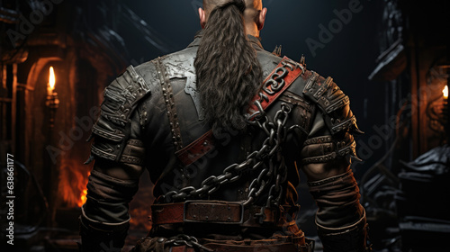 The image showed the back of a burly blacksmith wearing a set of heavyduty leather armor. He carried a twohanded hammer in one hand and a large anvil slung over his shoulder