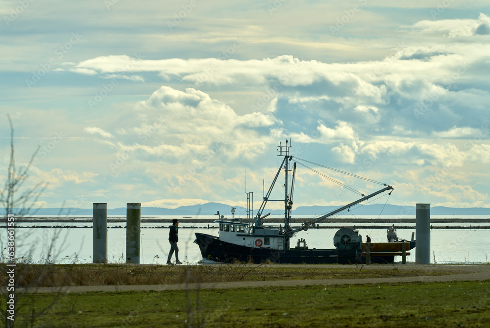 Fraser River Fishing Seiner Travelling Upriver. A fishing seiner full of fish, followed by seagulls, travelling up the Fraser River beside Garry Point Park in British Columbia.

