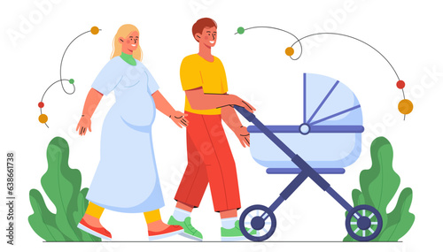 Happy family with baby stroller vector concept