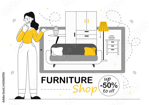 Woman in online furniture store vector line