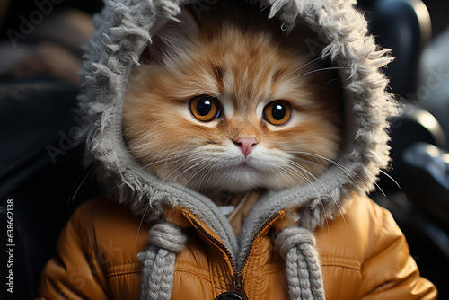 red cat in warm clothes in winter