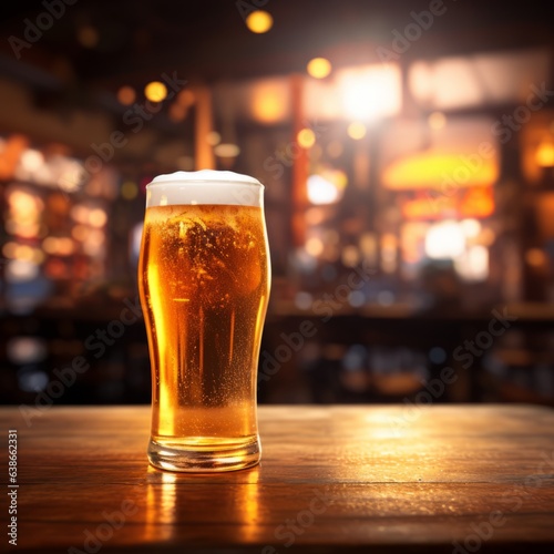 Refreshing Indulgence: Large Glass of Very Cold Beer on a Highly Detailed Bar