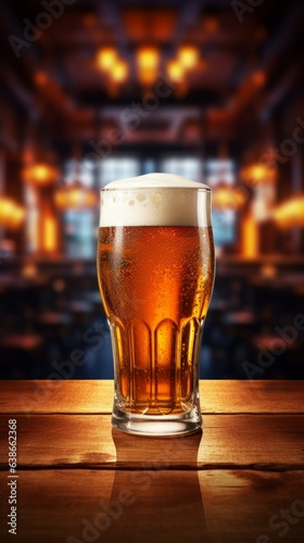 Refreshing Indulgence: Large Glass of Very Cold Beer on a Highly Detailed Bar