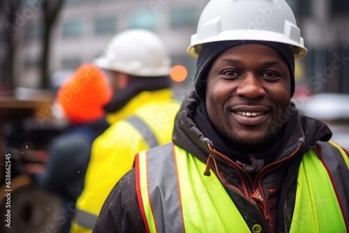 Portrait of a smiling Middle aged african american sanitation worker working in sanitation in the city during the winter and snow