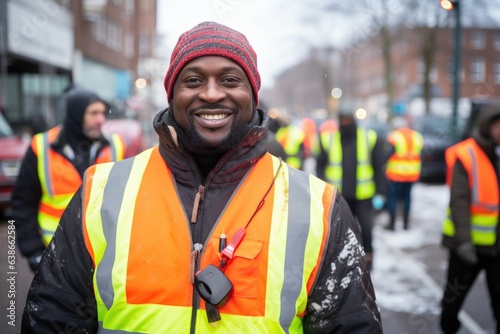 Diverse and mixed group of male sanitation workers working for a sanitation company in the city during winter and snow