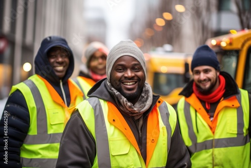 Diverse and mixed group of male sanitation workers working for a sanitation company in the city during winter and snow