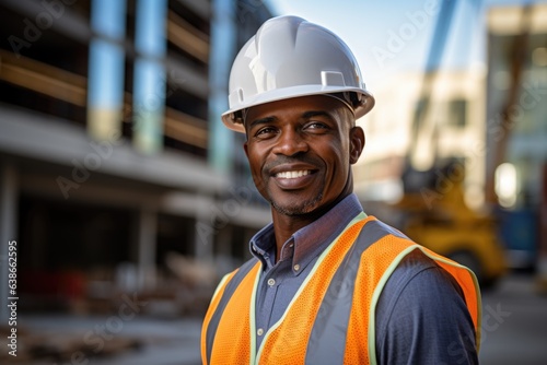 Portrait of a smiling middle aged african construction manager working for a construction company on a construction site