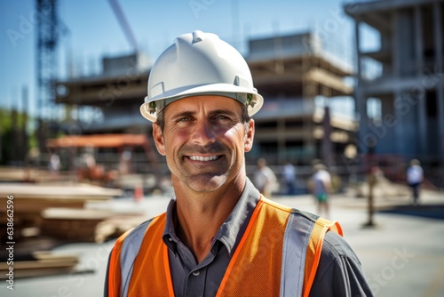 Smiling middle aged caucasian construction manager working for a construction company on a construction site © Geber86