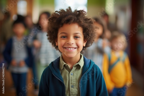 Portrait of a young african american boy ready for the first day of school in the elementary school