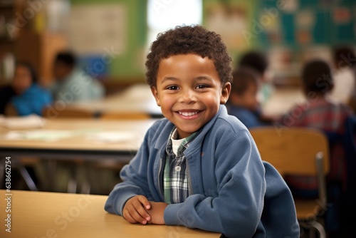 Portrait of a young african american boy smiling in a elementary school classroom