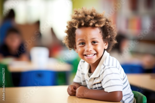 Portrait of a young african american boy smiling in a elementary school classroom