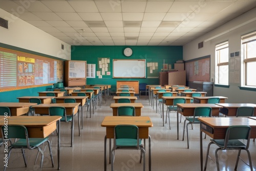 Empty classroom in a high school ready to receive students for the first day of school photo