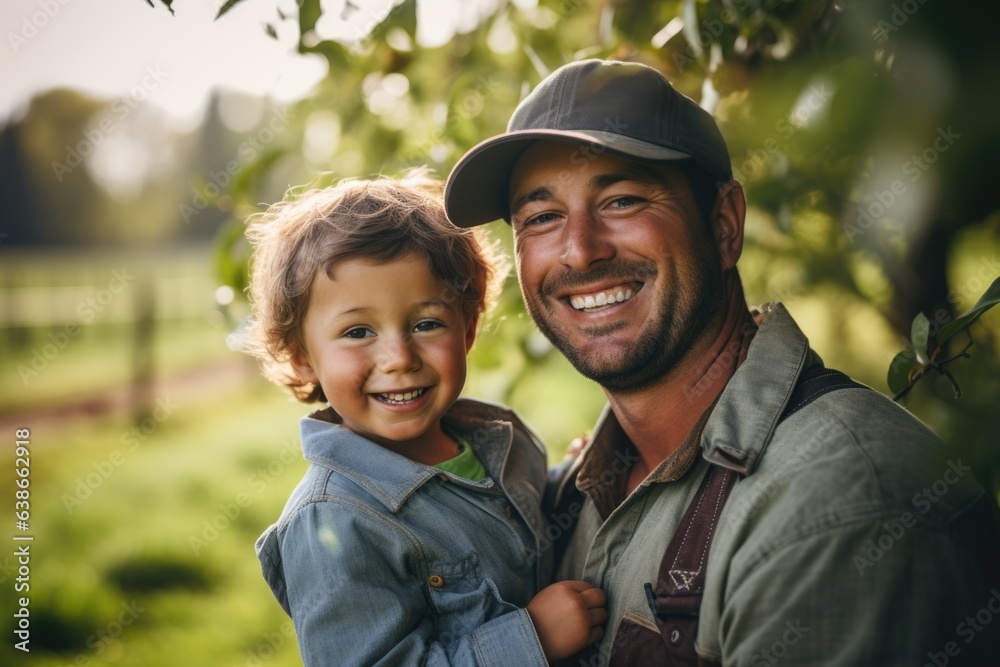 Smiling portrait of a young father and son living and working on a farm in the countryside