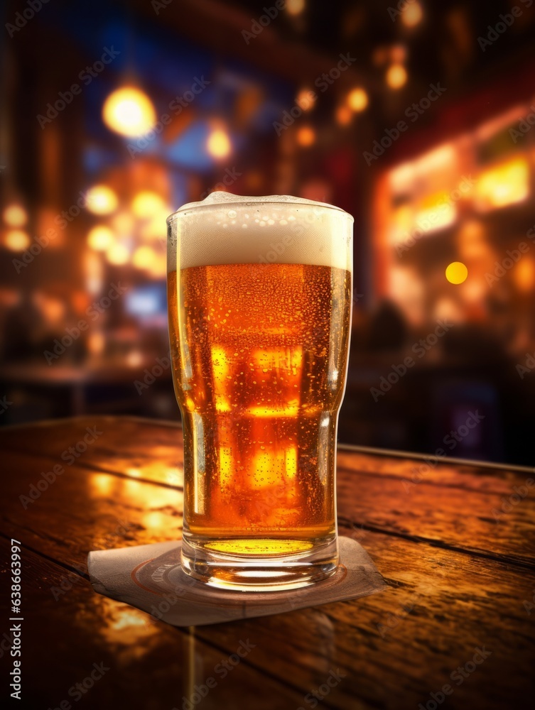Large Glass of Very Cold Beer on a Highly Detailed Bar Large Glass of Very Cold Beer on a Highly Detailed Bar