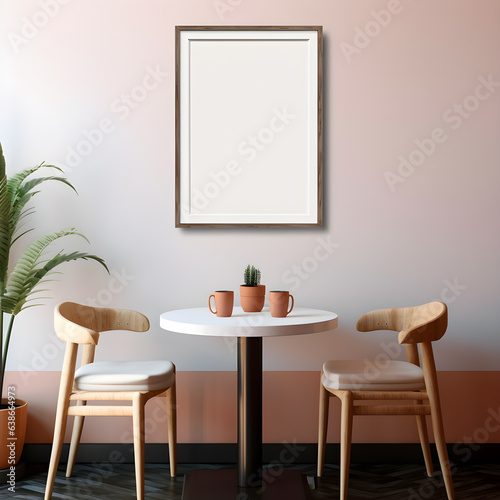 Dining table and chair and picture frame, background, template. Generative AI. © Nawarit