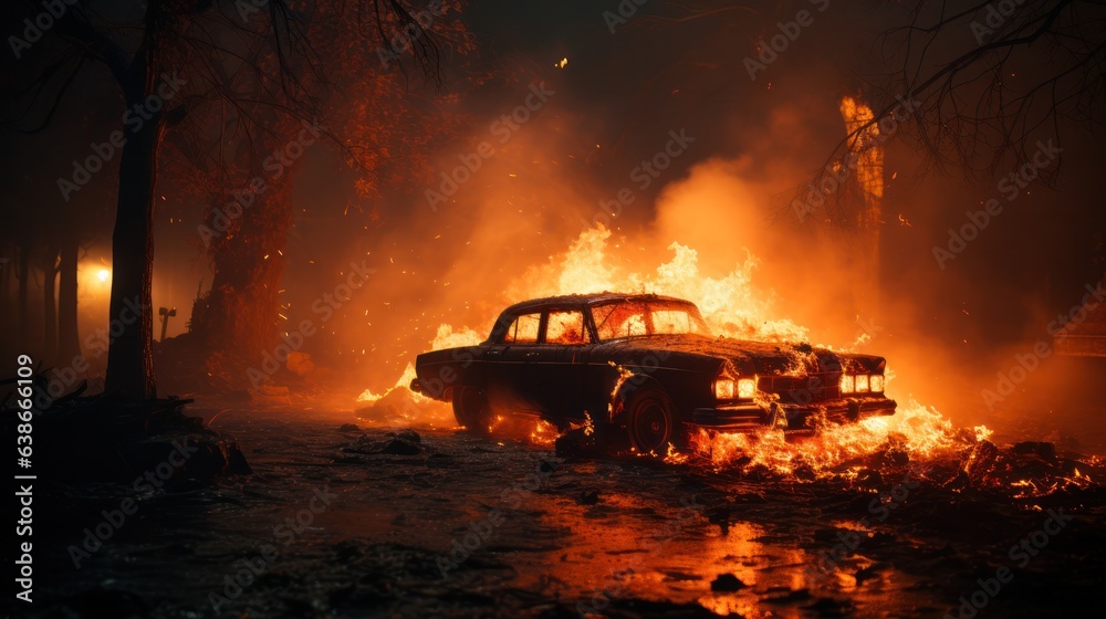 Raging fires engulfed the forests and came close to houses and villages. Buildings on fire and Cars. concept of environmental protection and life and property insurance. 