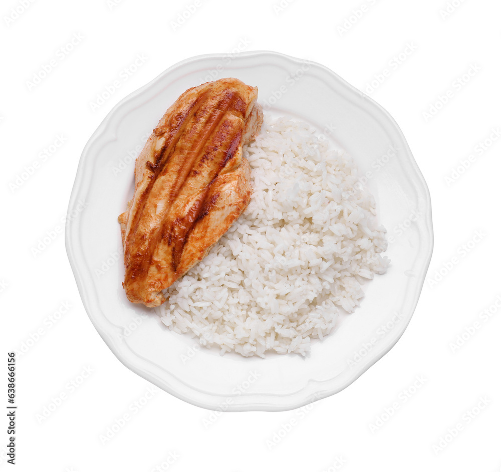 Plate with grilled chicken breast and rice isolated on white, top view Plate with grilled chicken breast and rice isolated on white, top view