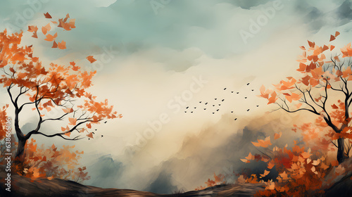 A beautiful painting of a flock of birds flying through a forest, with colorful leaves falling from the trees.