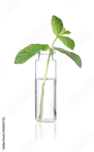 Bottle with essential oil and mint isolated on white