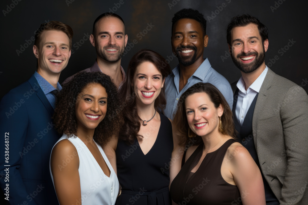Fototapeta premium A group of professionals strike a pose in front of a chalkboard, their smiles reflecting a shared sense of accomplishment and camaraderie.
