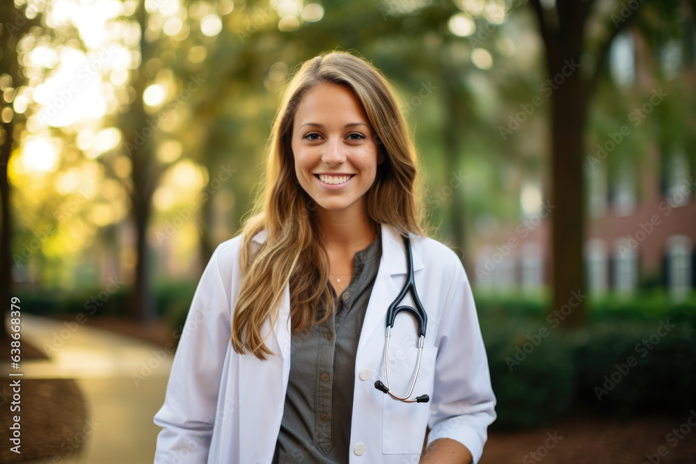 A Compassionate and Experienced Woman in Medicine: A Smiling Doctor with Blonde Hair and Brown Eyes, Wearing a Labcoat and Stethoscope, Providing Expert Primary Care in a Serene Outdoor Setting A Compassionate and Experienced Woman in Medicine: A Smiling Doctor with Blonde Hair and Brown Eyes, Wearing a Labcoat and Stethoscope, Providing Expert Primary Care in a Serene Outdoor Setting