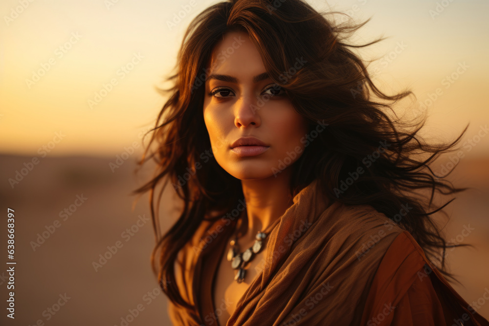 A Captivating Portrait of a Graceful Woman Embracing Solitude in the Majestic Desert Landscape, with Long Brown Hair and a Necklace, Mesmerized by the Ethereal Desert Sunset
