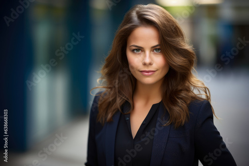 Free Download Empowered and Stylish: A Confident Businesswoman in a Black Blazer and Royal Blue Peplum Top, with Chic Brown Hair and Striking Grey Eyes - GFXLoad