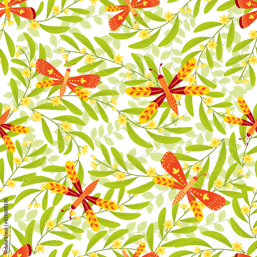 seamless pattern spring dragonfly