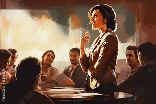 a female business leader charismatically talking to her team during a meeting | Generative AI