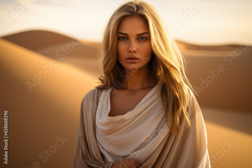 A Captivating Serenity  A Graceful Woman Embracing Solitude in the Mesmerizing Desert Sunset  with Ethereal Blue Eyes and Enigmatic Tranquility amidst Vast Sand Dunes