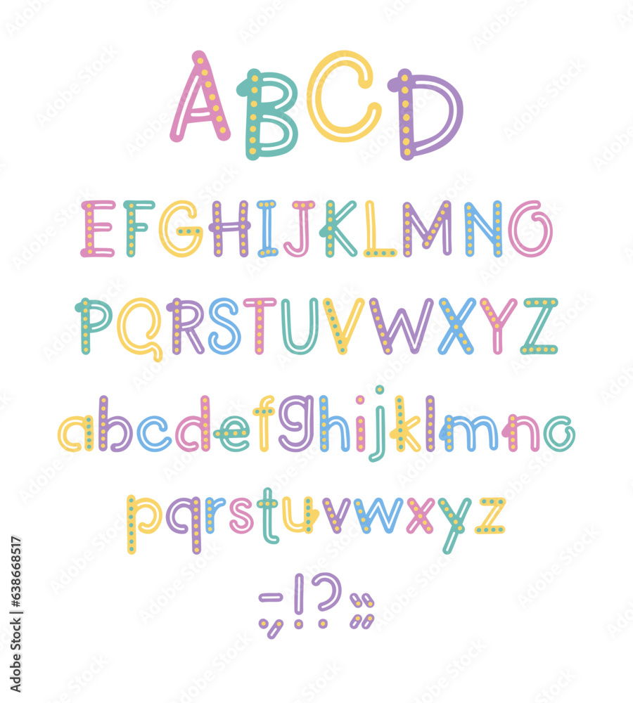 Kids alphabet in pastel shades with decorative elements. Upper and lower case letters and punctuation marks.