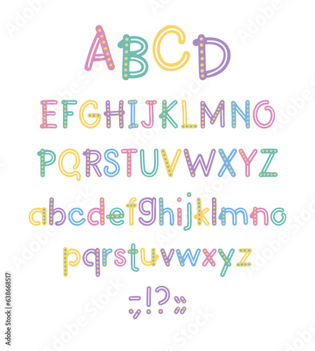 Kids alphabet in pastel shades with decorative elements. Upper and lower case letters and punctuation marks.