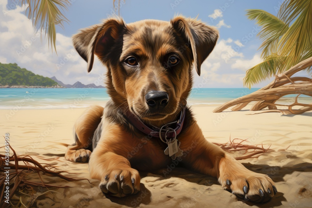 a slender, brown dog with patches of greyish and yellowish hair, laying down on the sands of a tropical beach with his ears relaxed | Generative AI