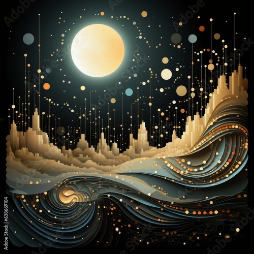 An abstract illustration with the moon and interesting shapes and patterns. Generative AI.  photo