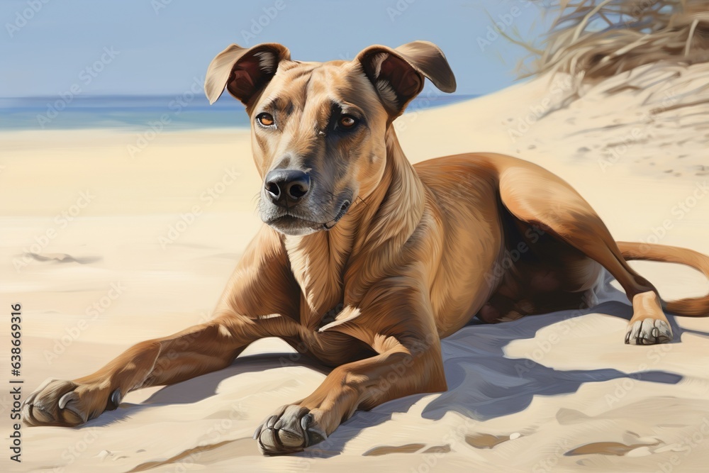 a slender, brown dog with patches of greyish and yellowish hair, laying down on the sands of a tropical beach with his ears relaxed | Generative AI a slender, brown dog with patches of greyish and yellowish hair, laying down on the sands of a tropical beach with his ears relaxed | Generative AI