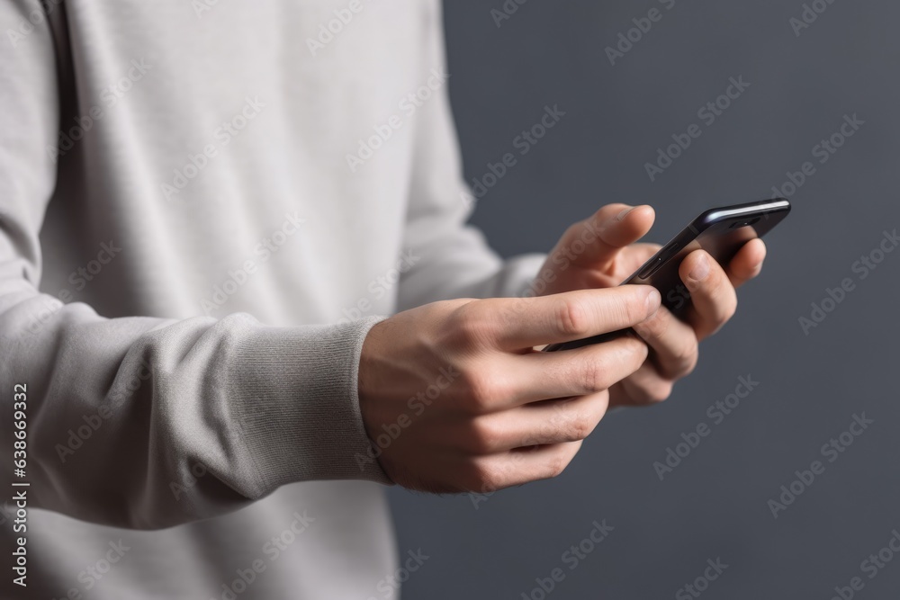 Man hands texting on smartphone on gray background. Male hand using mobile phone Man hands texting on smartphone on gray background. Male hand using mobile phone