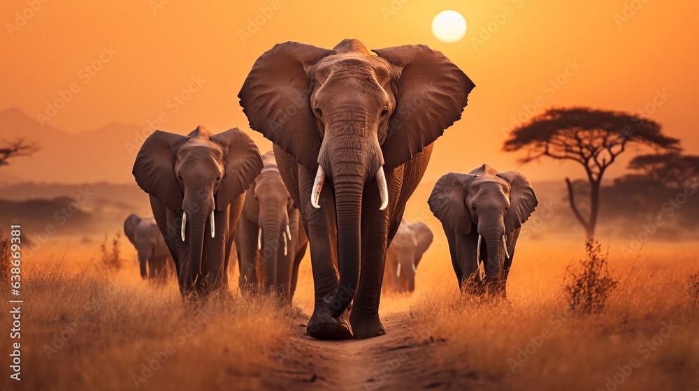 Obraz premium Serene Scene of Elephants Walking Through Dry Grassland Generative AI