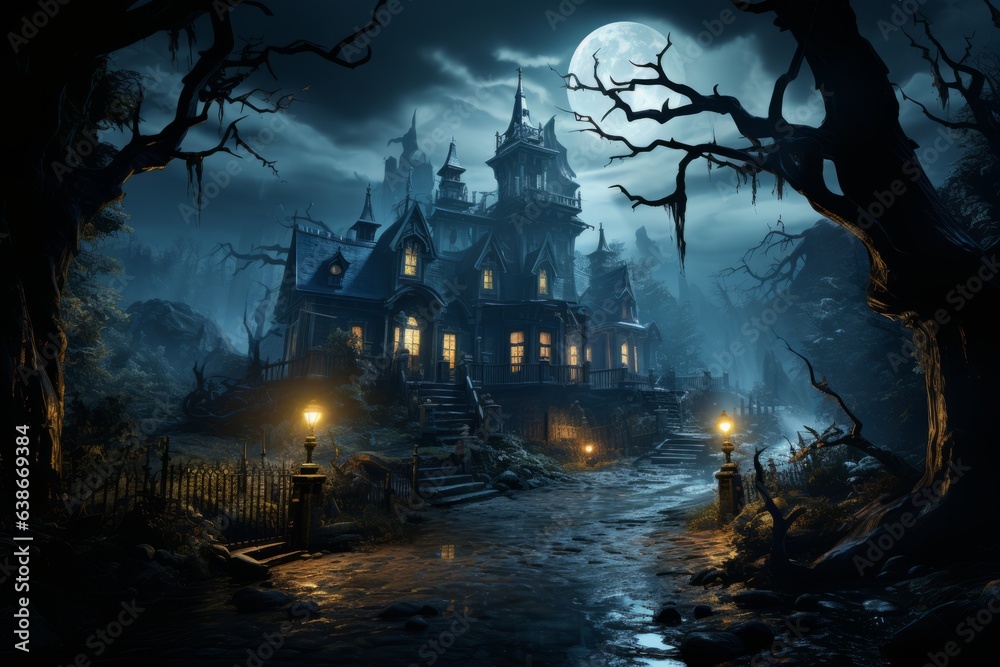 Halloween Atmospheric Photo: Conjuring the Spooky Essence of the Witching Season with Pumpkins, Spooky Costumes, Witches, Ghosts, and Haunted Houses. Embracing the Thrill of Trick or Treating in Dark