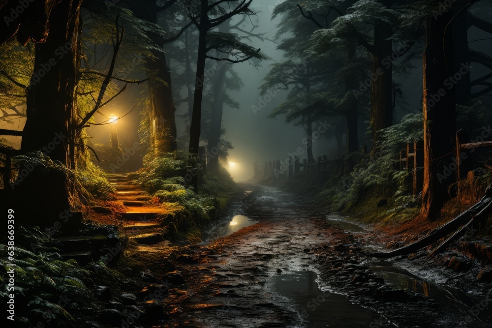 Fototapeta premium Halloween Atmospheric Photo: Conjuring the Spooky Essence of the Witching Season with Pumpkins, Spooky Costumes, Witches, Ghosts, and Haunted Houses. Embracing the Thrill of Trick or Treating in Dark