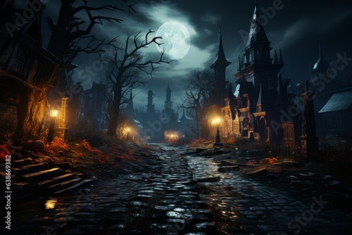 Halloween Atmospheric Photo: Conjuring the Spooky Essence of the Witching Season with Pumpkins, Spooky Costumes, Witches, Ghosts, and Haunted Houses. Embracing the Thrill of Trick or Treating in Dark