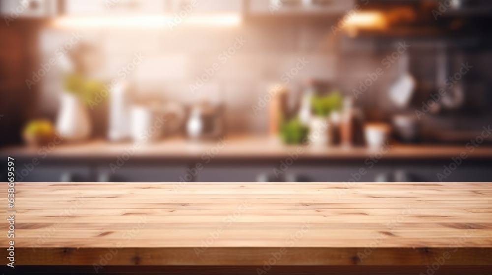 Empty wooden table product display blurred kitchen background Empty wooden table product display blurred kitchen background