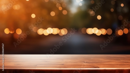 Empty wooden table product display blurred background