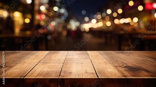 Empty wooden table product display blurred night city background