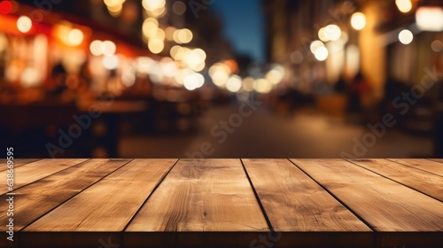 Empty wooden table product display blurred night city background