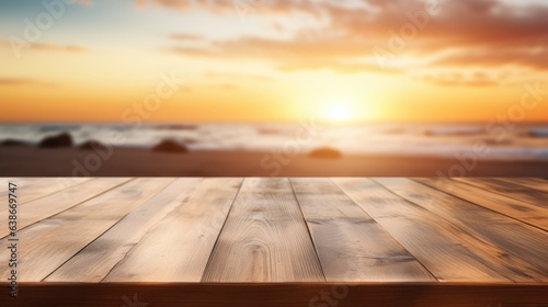 Empty wooden table product display blurred evening beach background