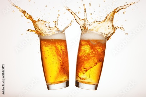 Two beers with splashes on white background