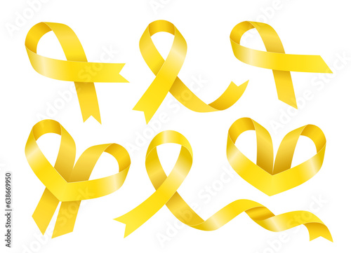 Childhood cancer awareness month. Big set of yellow ribbons. Vector flat illustration.