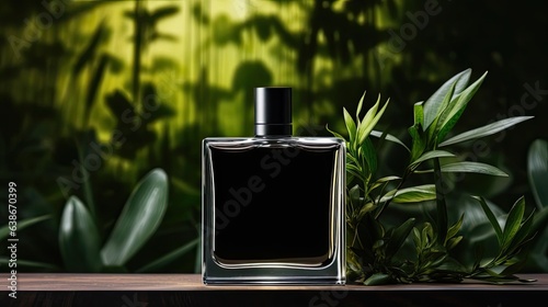 perfume bottle on wooden table with plant background for mockup design