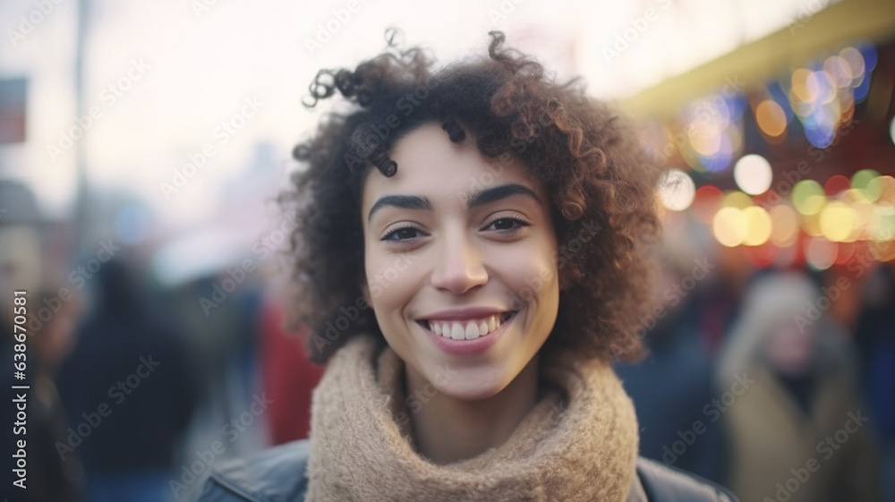 young adult woman wears winter scarf and leather jacket, medium-length hairstyle, smiles happily and relaxed, at a fun fair or Oktoberfest with attractions and rides young adult woman wears winter scarf and leather jacket, medium-length hairstyle, smiles happily and relaxed, at a fun fair or Oktoberfest with attractions and rides